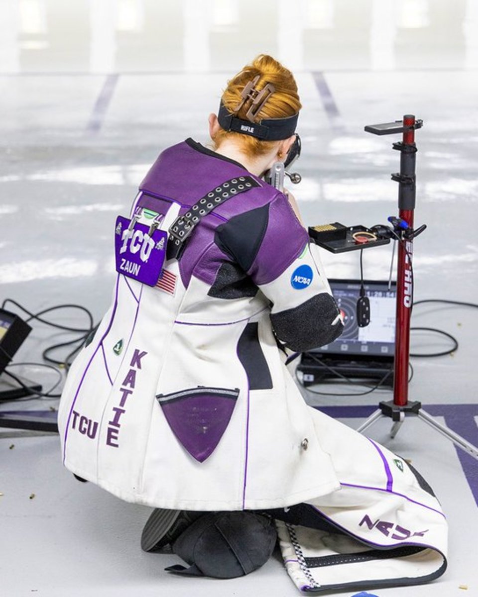 Katie Zaun preparing to fire during the dual